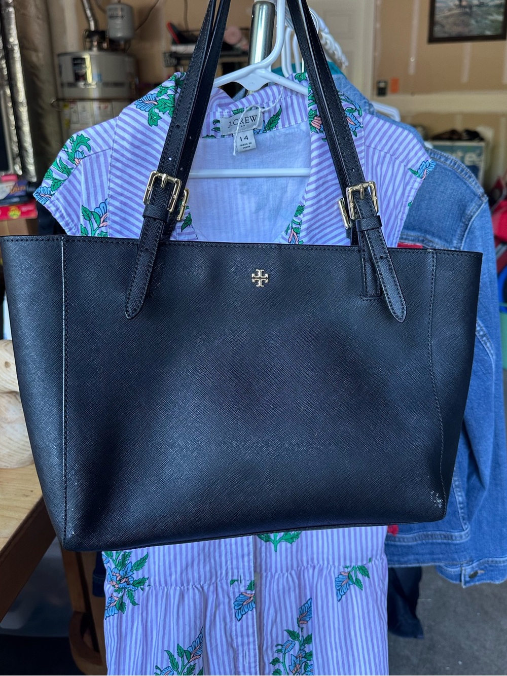 Tory Burch Black Saffiano Leather Tote with Gold Logo - Picture 1 of 4